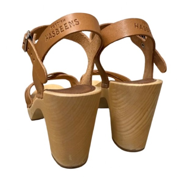Swedish Hasbeens 80’s Strap Sandal Wood Clog Tan Brown EU 37 US 7 Boho Shoe - Picture 7 of 12